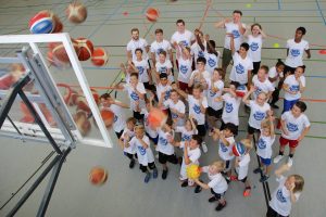 Gruppenbild Basketballdcamp: Jugendliche in Turnhalle mit Basektbällen