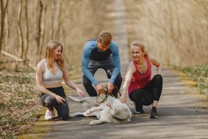 Symbolbild Laufteff: Menschen in Laufkleidung mit Hund